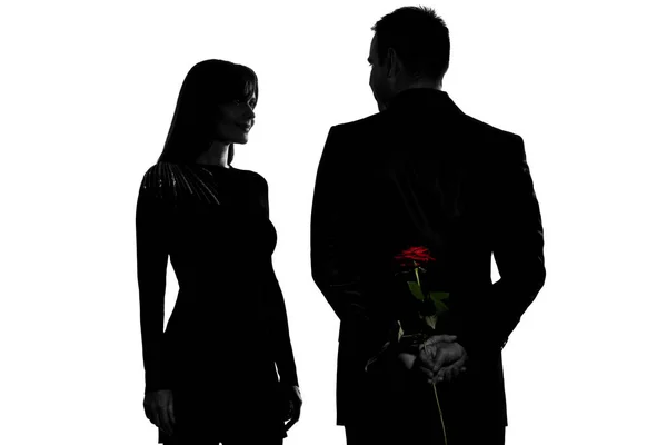 One Caucasian Couple Man Woman Smiling Studio Silhouette Isolated White — Stock Photo, Image