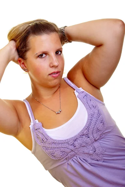 Portrait Young Blond Woman White Background Studio Shot Adobe Rgb — Stock Photo, Image