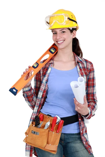 Female Construction Worker Holding Tools Rolled Plan — Stock Photo, Image
