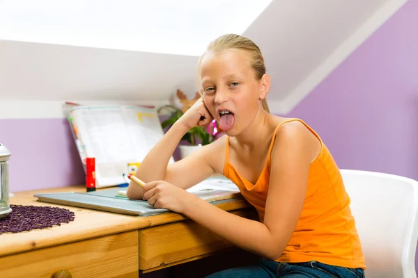 Family Child Sits Home Desk Does Homework Writes Poetry Album — Stock Photo, Image