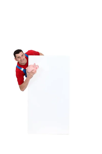 Manual Worker Stood Piggy Bank Blank Poster — Stock Photo, Image