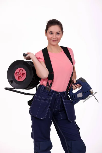 Craftswoman Segurando Uma Broca — Fotografia de Stock