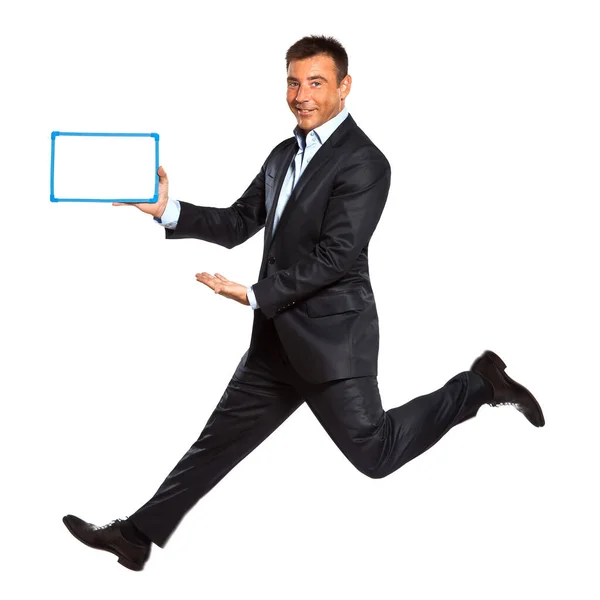 One Caucasian Business Man Running Jumping Double Thumbs Holding Whiteboard Stock Picture