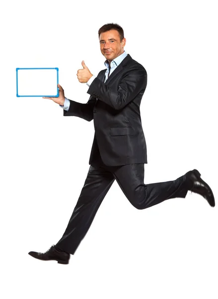 One Caucasian Business Man Running Jumping Double Thumbs Holding Whiteboard Royalty Free Stock Images