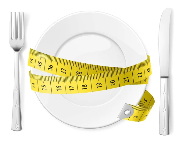 Concepto Dieta Placa Con Cuchillo Tenedor Cinta Métrica —  Fotos de Stock