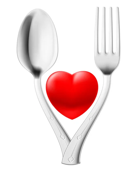 勺子和叉子对红心夫妇 关于白色的说明 — 图库照片