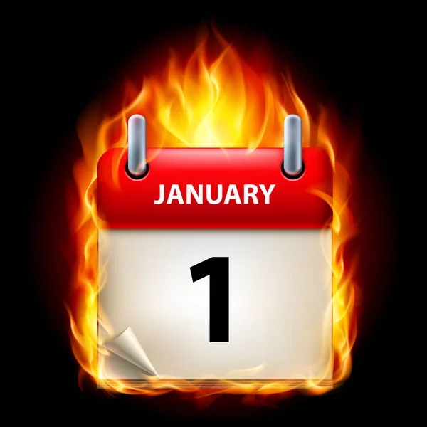 1月1日のカレンダー 黒の背景に燃えるアイコン — ストック写真
