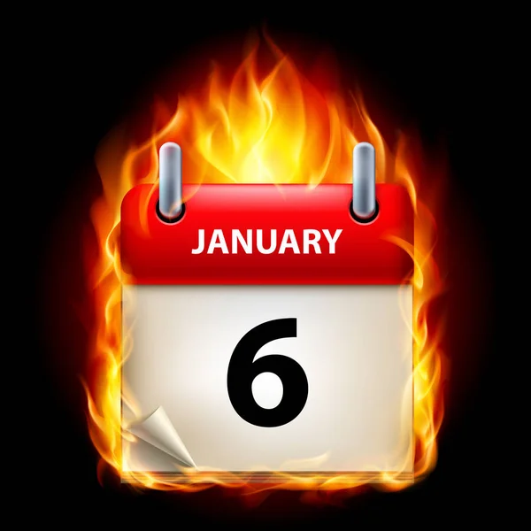 Sexto Enero Calendario Icono Ardiente Sobre Fondo Negro — Foto de Stock