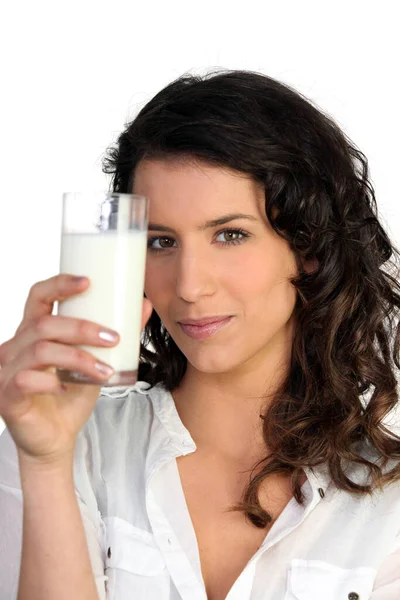 Mujer Con Vaso Leche — Foto de Stock