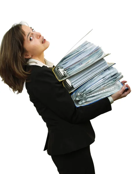 Business Woman Overloaded Heavy Files — Zdjęcie stockowe