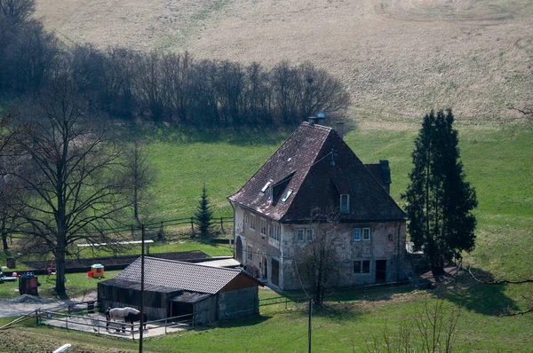Ein Großes Altes Bauernhaus Mit Pferden Und Stall Umgeben Von — Stockfoto