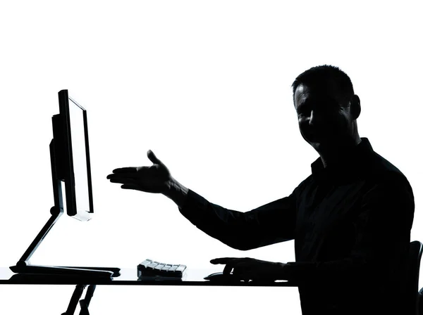 Uomo Affari Caucasico Che Mostra Una Silhouette Informatica Gestuale Studio — Foto Stock