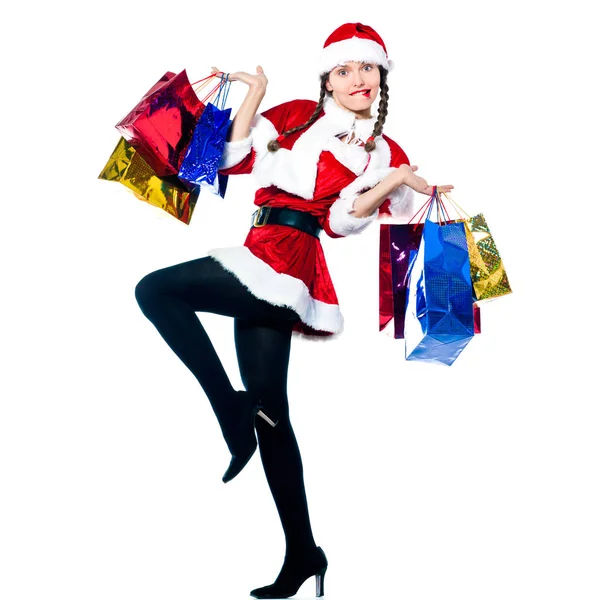 Uma Mulher Vestida Santa Claus Carregando Sacos Natal Estúdio Isolado — Fotografia de Stock