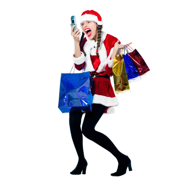 One Woman Dressed Santa Claus Carrying Screaming Telephone Christmas Bags — Stock Photo, Image