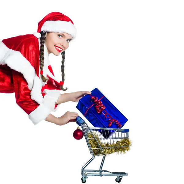 Uma Mulher Vestida Santa Claus Segurando Presentes Presentes Com Carrinho — Fotografia de Stock