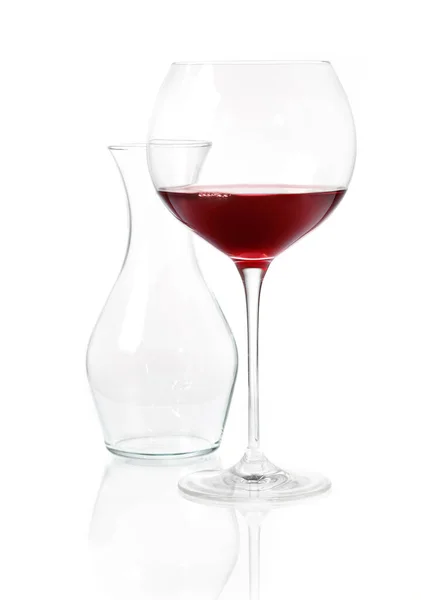 Glass Red Wine Empty Glass Carafeon Reflective White Surface — Stock Photo, Image