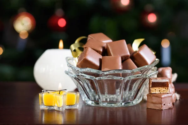 Tigela Com Dominosteine Confeitaria Tradicional Advento Alemão Árvore Natal Iluminada — Fotografia de Stock