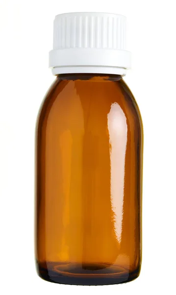 Detailní Záběr Malé Skleněné Lahvičky Pilulka Sirup Láhev Izolované Bílém — Stock fotografie