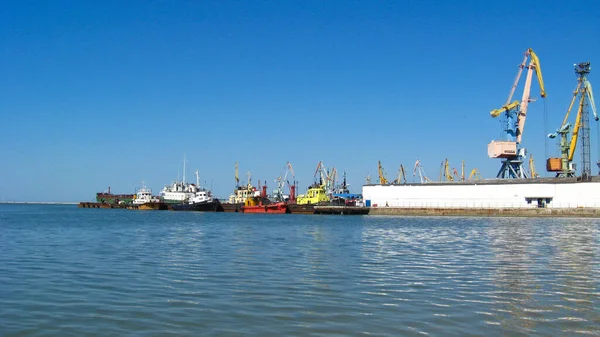 Panorama Morning Sea Docks Hoisting Crane — Stock Photo, Image