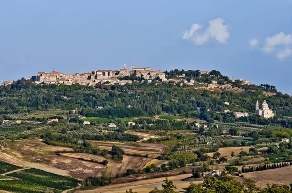 Montepulciana Pohled Krajinu Při Západu Slunce Toskánsko Itálie — Stock fotografie