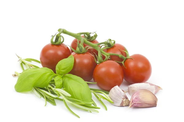 Close Fresh Herbs Tomatoes Garlic — Stock Photo, Image