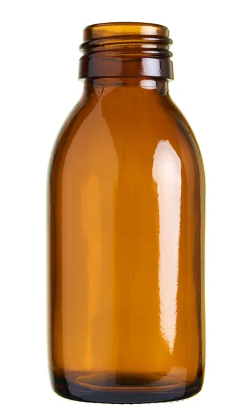 Närbild Liten Glasflaska Piller Sirup Flaska Isolerad Vit Bakgrund — Stockfoto