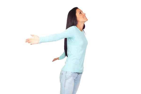 Young Woman Arms Wide Open Isolated White — Stock Photo, Image