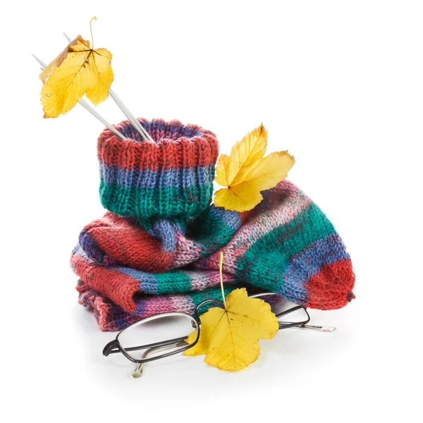 Разноцветные Носки Очки Осенние Листья Белом Фоне — стоковое фото
