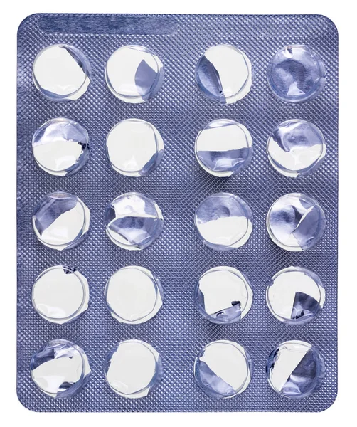 Közelkép Egy Üres Tabletta Buborékcsomagolás Izolált Fehér — Stock Fotó