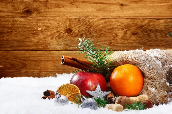 Artistic Christmas Still Life Colourful Fruit Spices Spilling Out Rustic — Stock Photo, Image