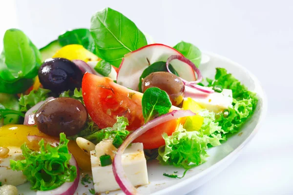 Closeup View Serving Crisp Appetizing Greek Salad Lettuce Basil Feta — Stock Photo, Image