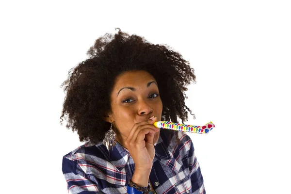 Jonge Vrouw Met Trompet Uitgebracht Een Witte Achtergrond — Stockfoto