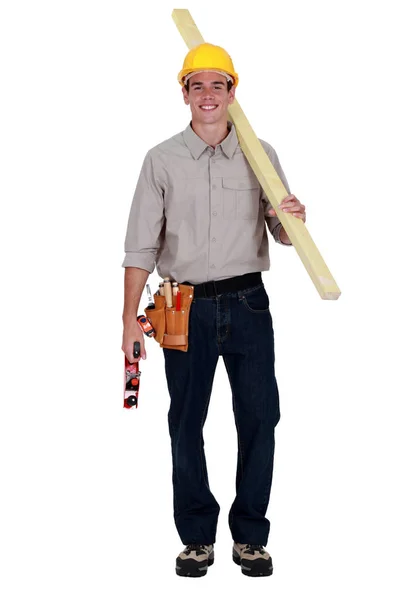 Worker Holding Plank Wood Plane — Stock Photo, Image