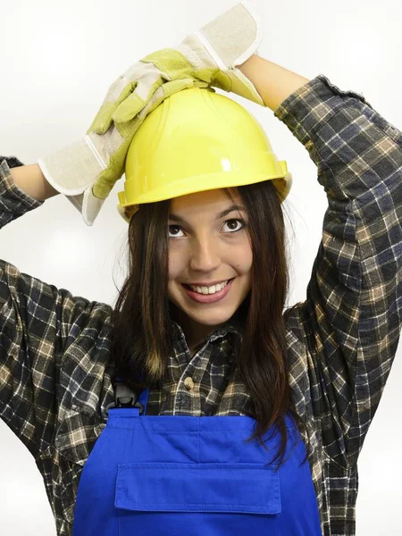 Jovem Morena Com Roupas Trabalho Capacete Protetor — Fotografia de Stock