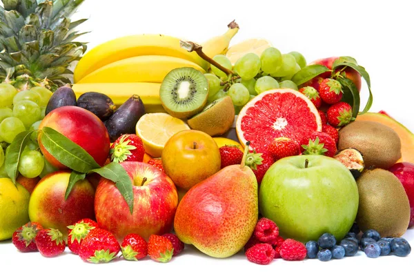 Fruit Groenten Zoals Tomaten Courgette Meloenen Bananen Druiven Gerangschikt Een — Stockfoto