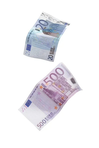 Two Euro Bills Falling White Background — Stock Photo, Image