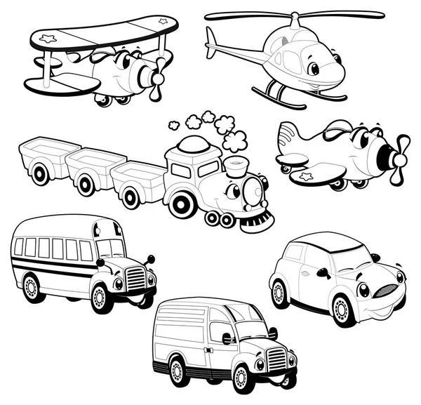 Vehículos Divertidos Contorno Dibujos Animados Objetos Aislados Vector — Foto de Stock