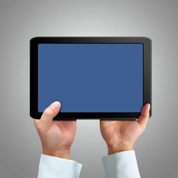 Elinde Beyaz Arka Plan Üzerinde Dijital Tablet — Stok fotoğraf