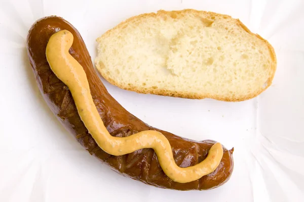 Grilled Sausage Mustard Bread White Paper Tray — Stock Photo, Image