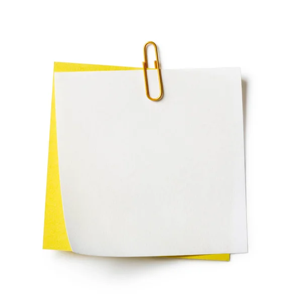 White Yellow Note Papers Paperclip White Background — Stockfoto