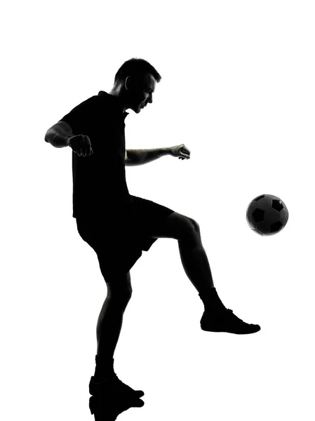 Bir Erkek Futbol Oyuncusu Studio Siluet Beyaz Zemin Üzerine Izole — Stok fotoğraf
