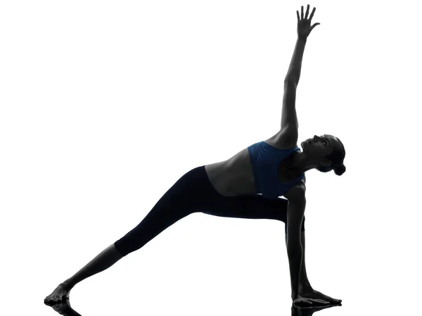 One Caucasian Woman Exercising Stretching Triangle Pose Yoga Silhouette Studio — Stock Photo, Image