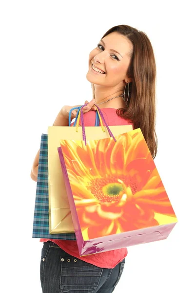 Mujer Feliz Con Bolsas Compras Regalos — Foto de Stock