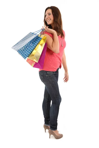 Mulher Feliz Com Sacos Compras Presentes — Fotografia de Stock