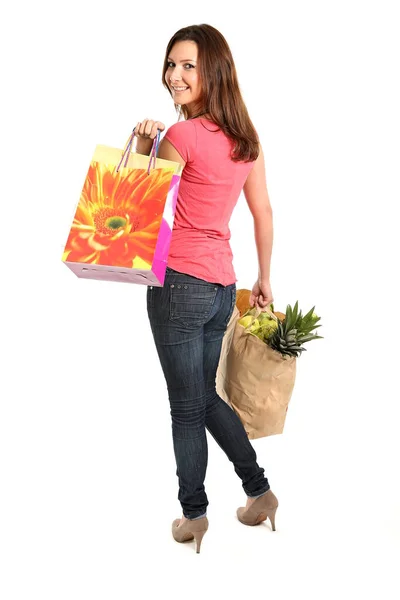 Mulher Feliz Com Sacos Compras Presentes — Fotografia de Stock