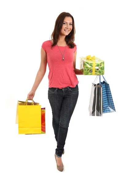 Mulher Feliz Carrega Sacos Compras Aniversário Presentes Natal — Fotografia de Stock