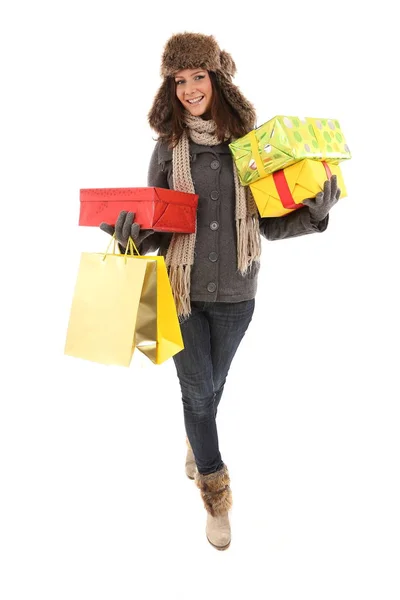 Mujer Ropa Invierno Con Regalos Regalos Bolsas Compras Sonriendo — Foto de Stock