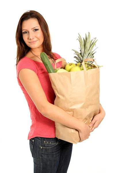 Glückliche Frau Mit Einkaufstaschen Und Lebensmitteln — Stockfoto