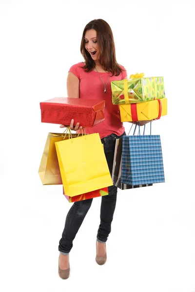 Happy Woman Carries Shopping Bags Birthday Christmas Presents Stock Picture