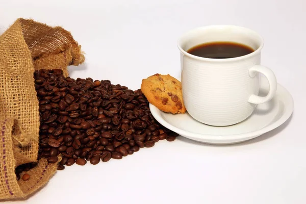 Coffee Beans Jute Sack Cup Coffee — Stock Photo, Image